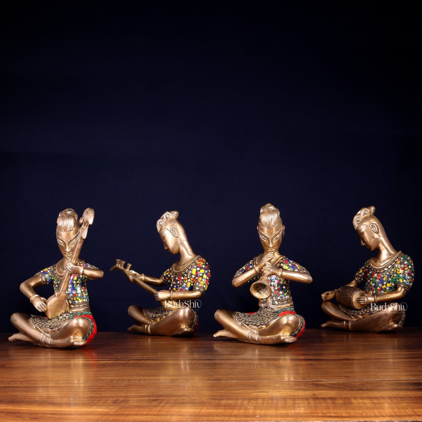 Brass Tribal Musicians Set with abstract Stonework | Height: 9 inch - Budhshiv.com