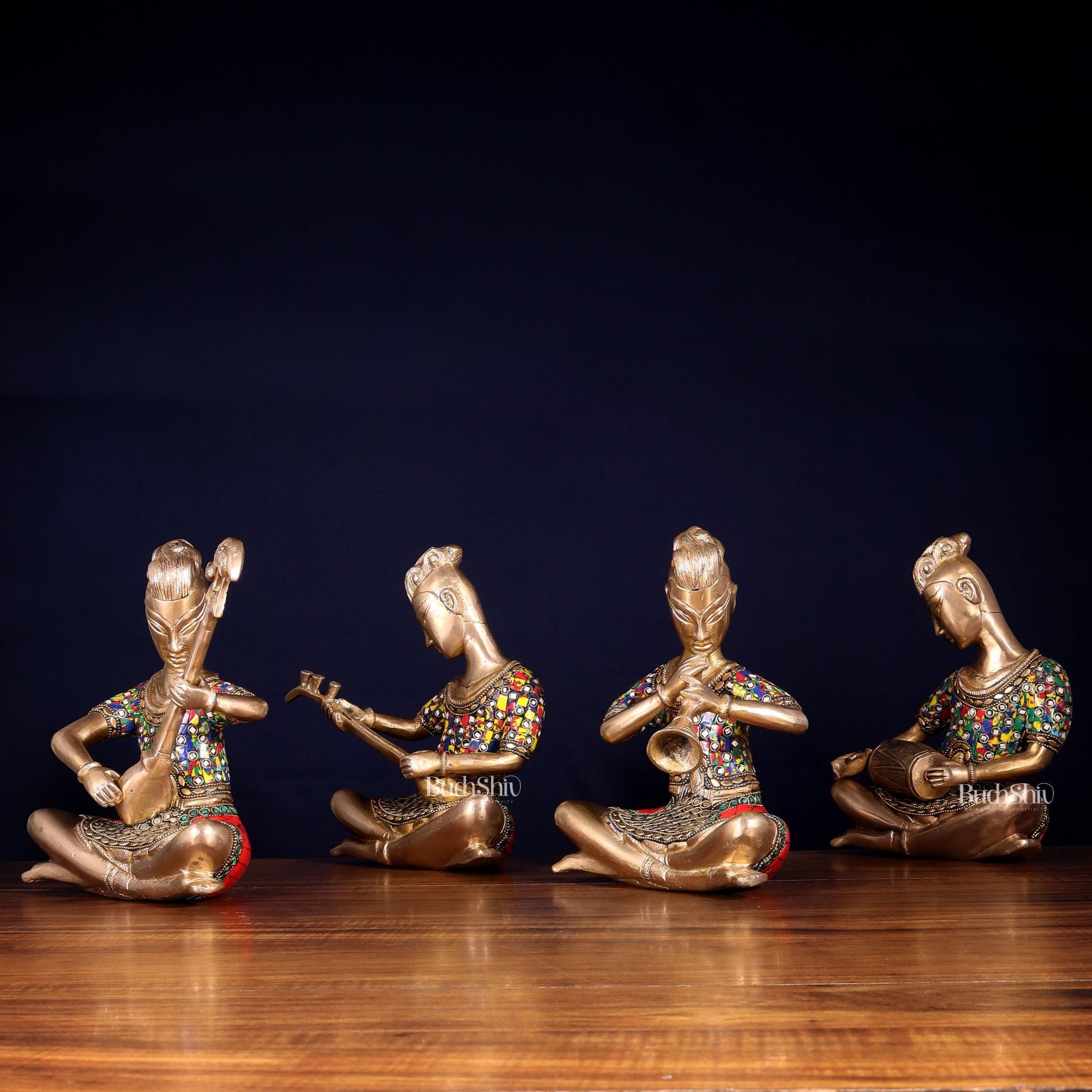 Brass Tribal Musicians Set with abstract Stonework | Height: 9 inch - Budhshiv.com