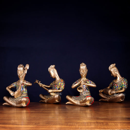Brass Tribal Musicians Set with abstract Stonework | Height: 9 inch - Budhshiv.com