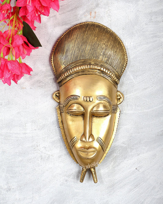 Brass Tribal Shaman Mask Wall Hanging – Handcrafted Ethnic Decorative Wall Art 13.5 inch - Budhshiv.com