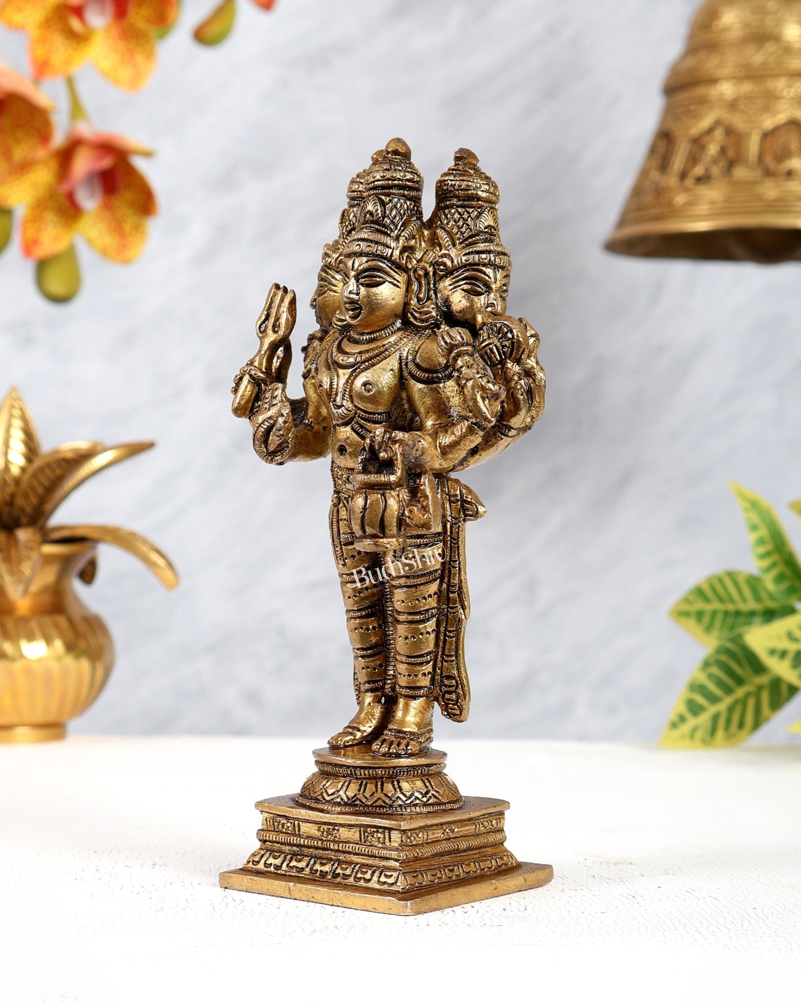 Brass Trimurti Idol – Brahma Vishnu Mahesh Standing Form Divine Sculpture (6.25 Inches) - Budhshiv.com