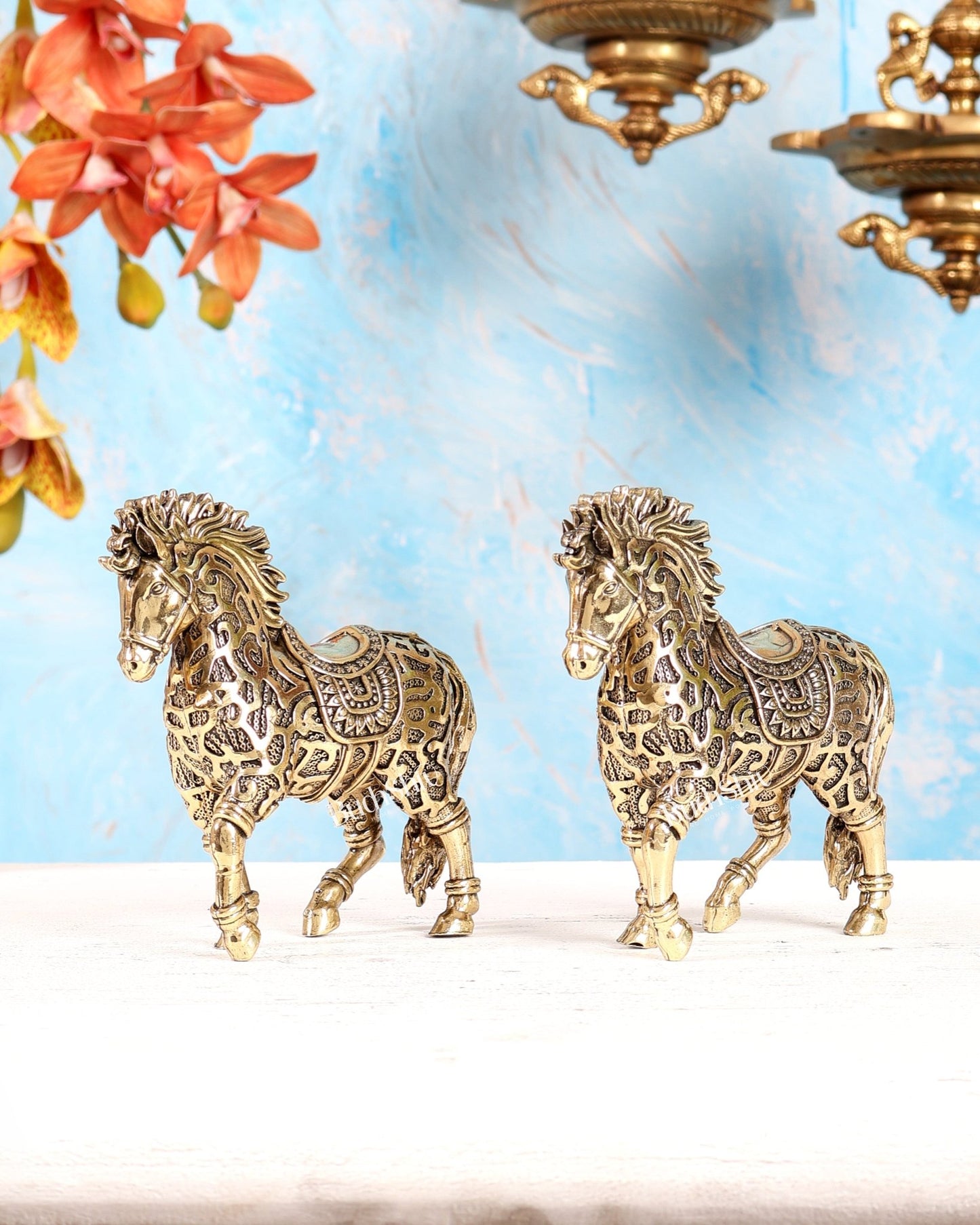 Brass Trotting Horse Showpiece | Mosaic Design Vastu Decorative Statue 5" pair - Budhshiv.com