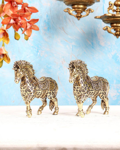 Brass Trotting Horse Showpiece | Mosaic Design Vastu Decorative Statue 5" pair - Budhshiv.com