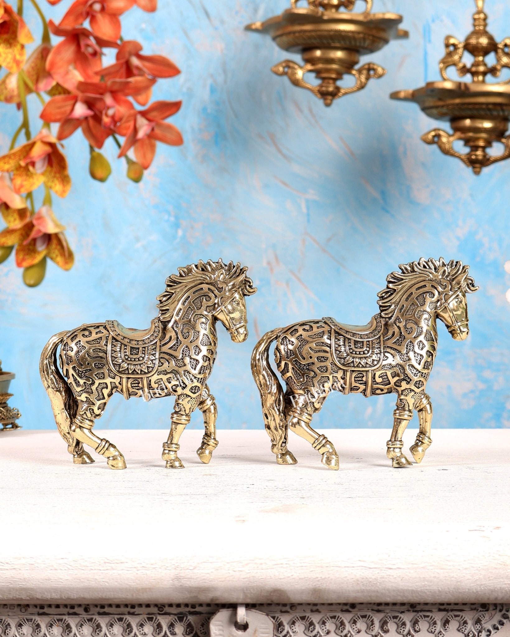Brass Trotting Horse Showpiece | Mosaic Design Vastu Decorative Statue 5" pair - Budhshiv.com