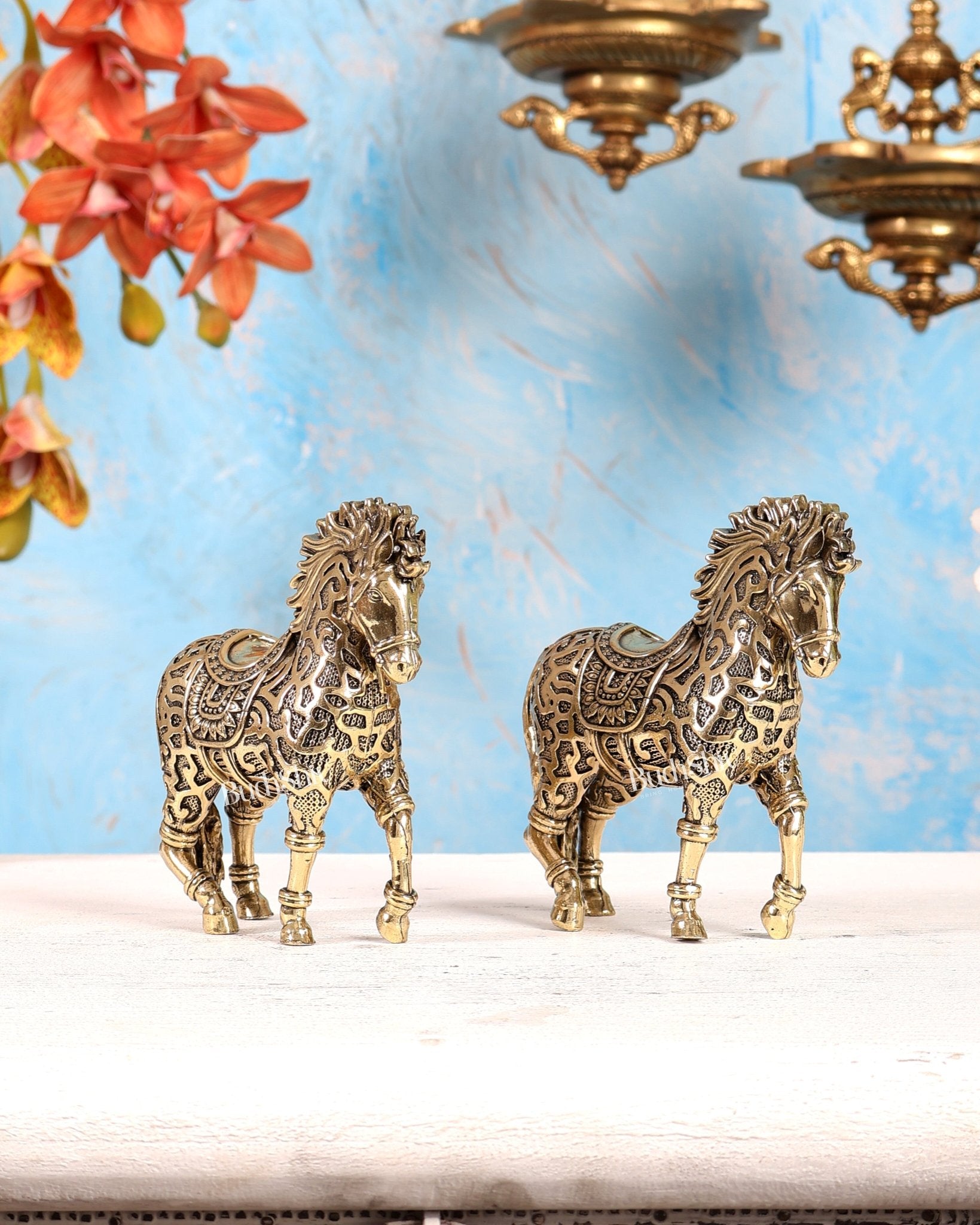 Brass Trotting Horse Showpiece | Mosaic Design Vastu Decorative Statue 5" pair - Budhshiv.com