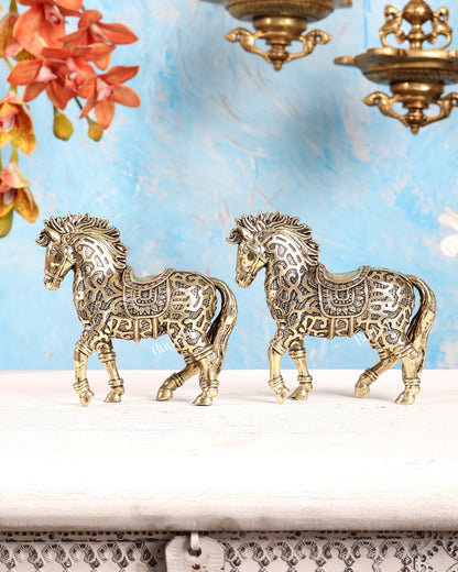 Brass Trotting Horse Showpiece | Mosaic Design Vastu Decorative Statue 5" pair - Budhshiv.com