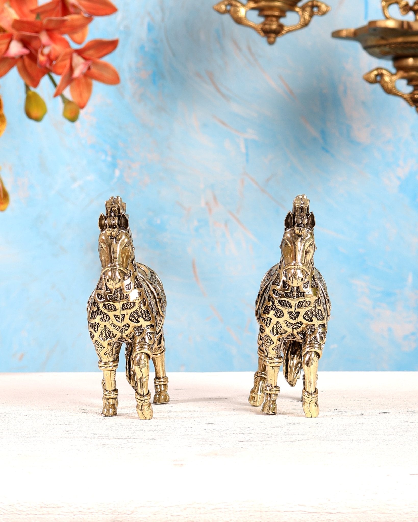 Brass Trotting Horse Showpiece | Mosaic Design Vastu Decorative Statue 5" pair - Budhshiv.com