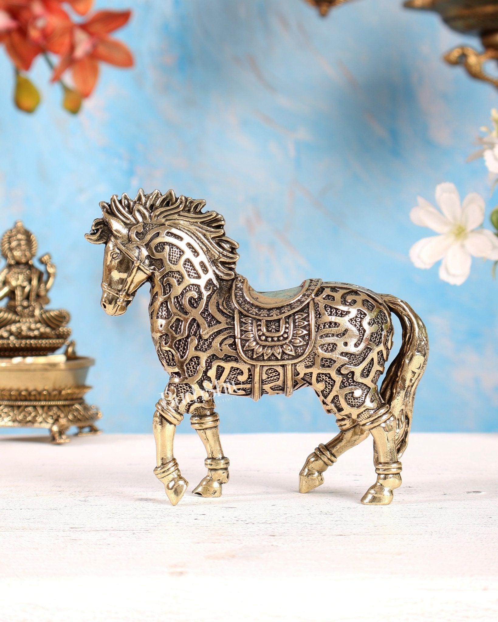 Brass Trotting Horse Showpiece | Mosaic Design Vastu Decorative Statue 5" - Budhshiv.com