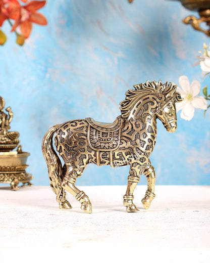 Brass Trotting Horse Showpiece | Mosaic Design Vastu Decorative Statue 5" - Budhshiv.com