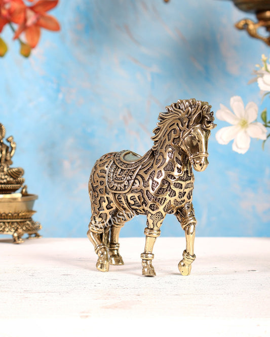 Brass Trotting Horse Showpiece | Mosaic Design Vastu Decorative Statue 5" - Budhshiv.com