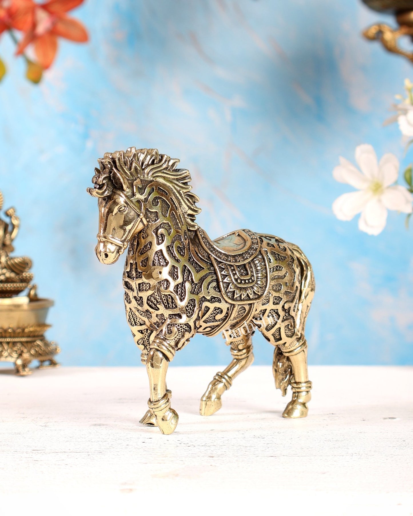 Brass Trotting Horse Showpiece | Mosaic Design Vastu Decorative Statue 5" - Budhshiv.com