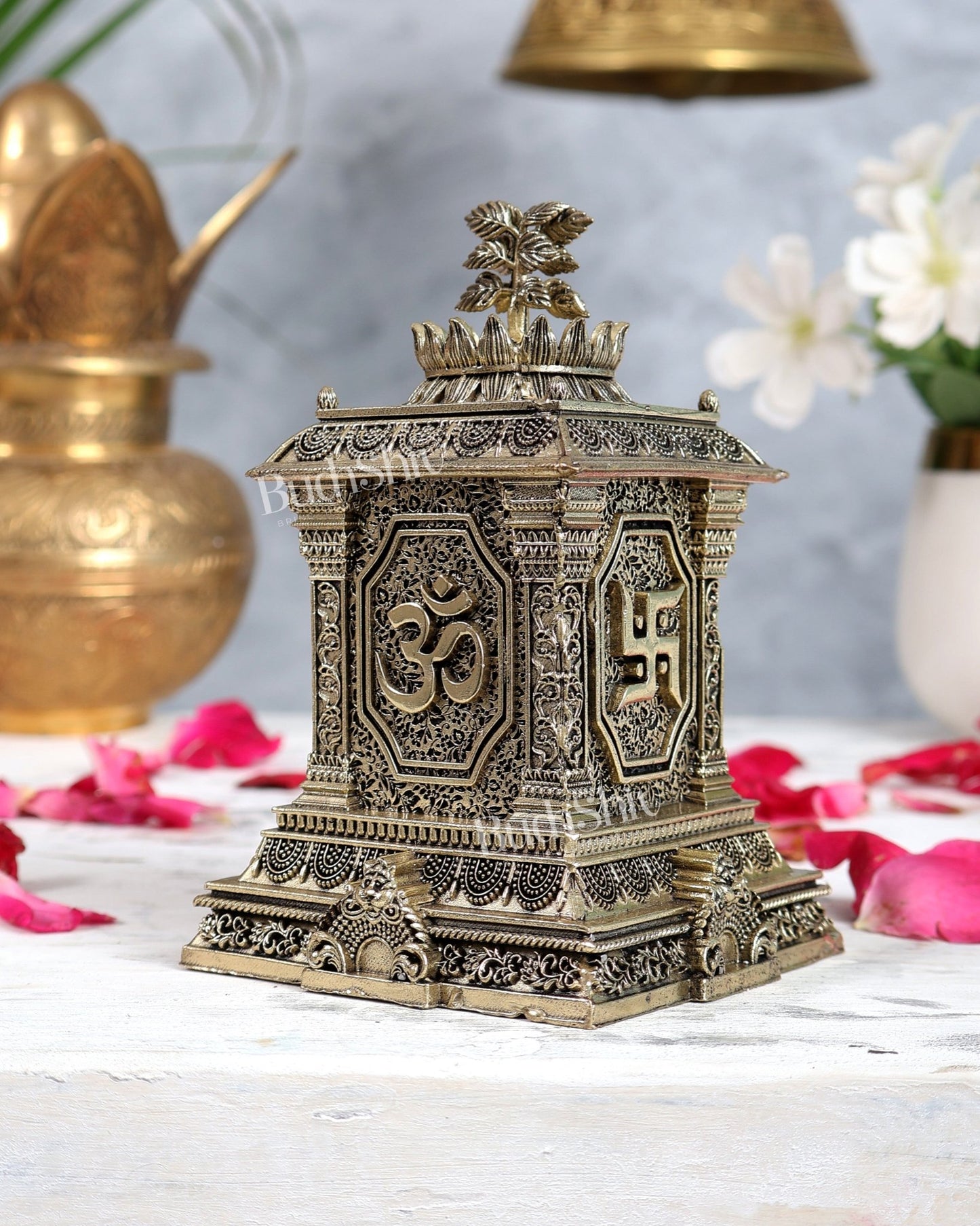 Brass Tulsi Pot | Superfine Intricate Tulsi Planter for Puja & Home Décor 5" - Budhshiv.com