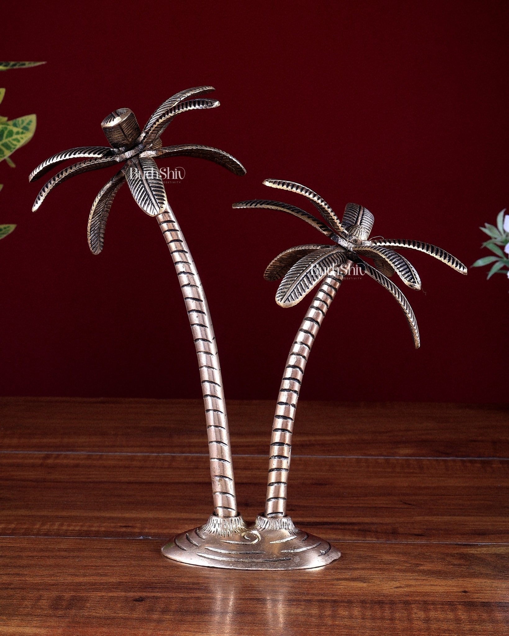 Brass Twin Palm Tree Decorative Showpiece – Vastu Approved Artefact 10 inch - Budhshiv.com