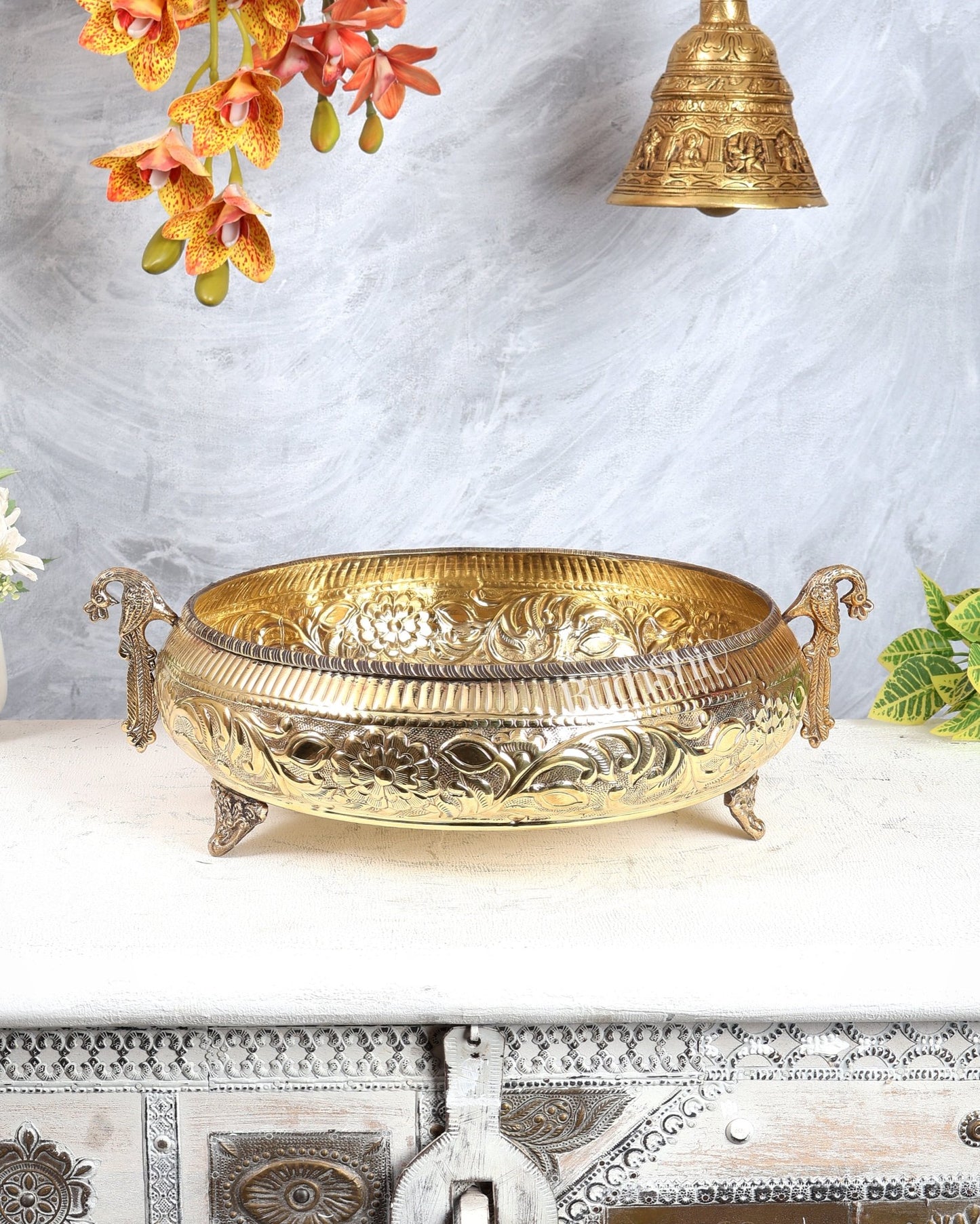 Brass Twin Peacock Urli – Lightweight Large Decorative Bowl (14 Inches) - Budhshiv.com