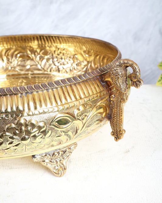 Brass Twin Peacock Urli – Lightweight Large Decorative Bowl (14 Inches) - Budhshiv.com