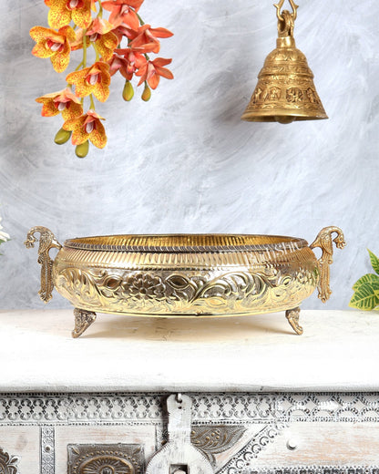 Brass Twin Peacock Urli – Lightweight Large Decorative Bowl (14 Inches) - Budhshiv.com