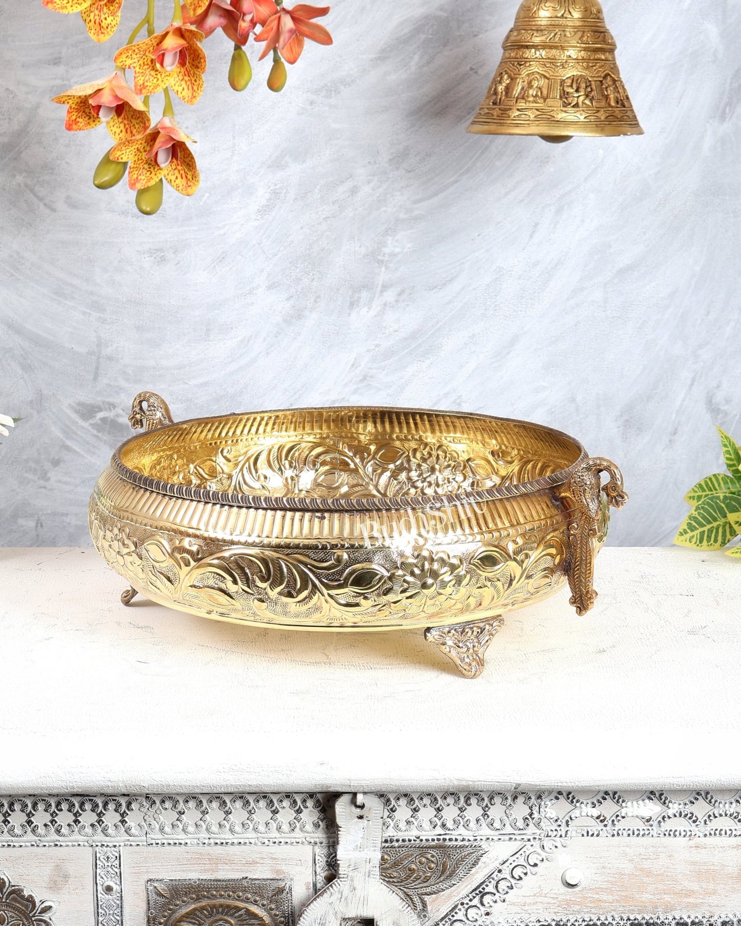 Brass Twin Peacock Urli – Lightweight Large Decorative Bowl (14 Inches) - Budhshiv.com