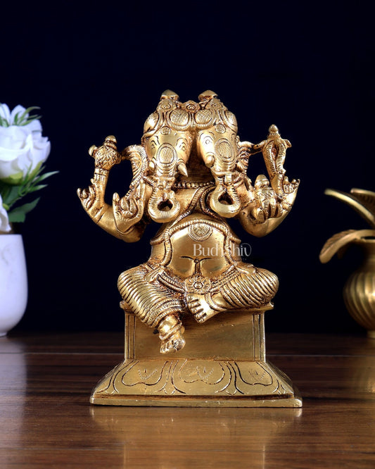 Brass Two faced Ganesha idol Dvimukha 6" - Budhshiv.com