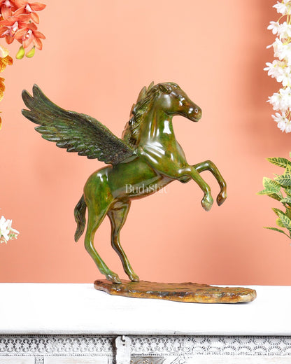 Brass Uchchaihshravas Horse Statue – Candy Green Tone Celestial Pegasus Inspired Sculpture (16.5 Inches) - Budhshiv.com