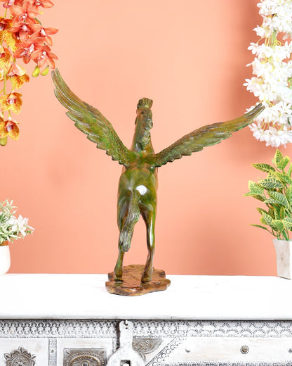 Brass Uchchaihshravas Horse Statue – Candy Green Tone Celestial Pegasus Inspired Sculpture (16.5 Inches) - Budhshiv.com