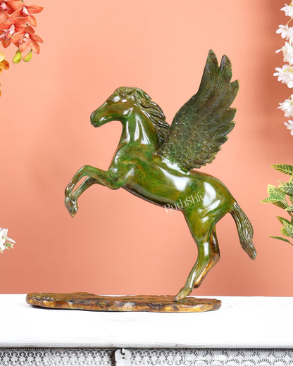 Brass Uchchaihshravas Horse Statue – Candy Green Tone Celestial Pegasus Inspired Sculpture (16.5 Inches) - Budhshiv.com