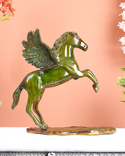 Brass Uchchaihshravas Horse Statue – Candy Green Tone Celestial Pegasus Inspired Sculpture (16.5 Inches) - Budhshiv.com