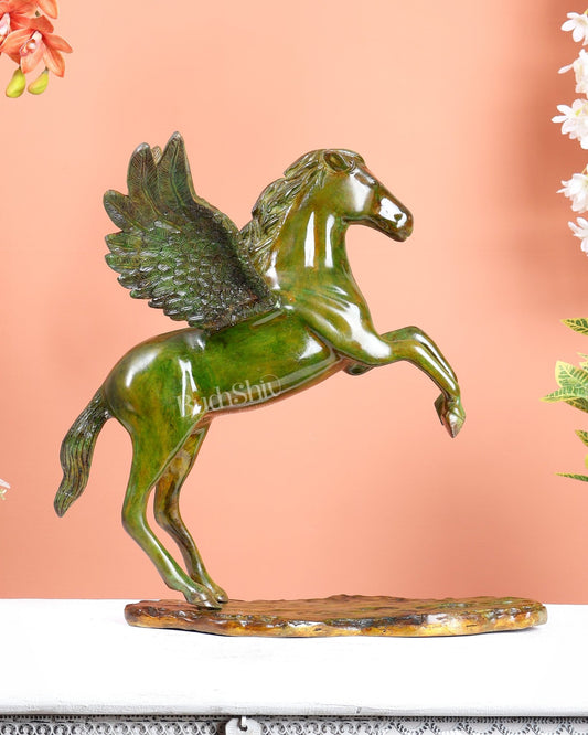 Brass Uchchaihshravas Horse Statue – Candy Green Tone Celestial Pegasus Inspired Sculpture (16.5 Inches) - Budhshiv.com