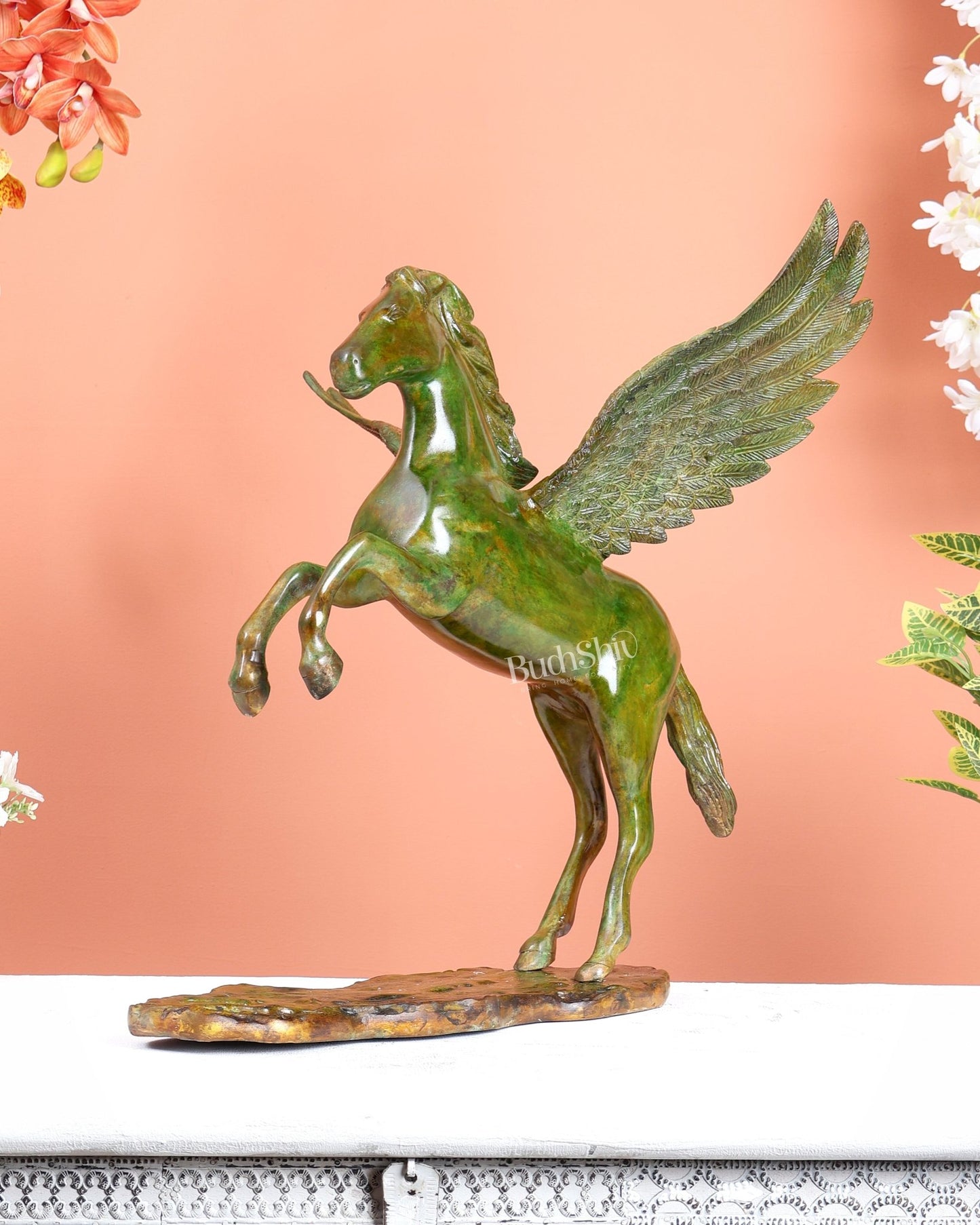 Brass Uchchaihshravas Horse Statue – Candy Green Tone Celestial Pegasus Inspired Sculpture (16.5 Inches) - Budhshiv.com
