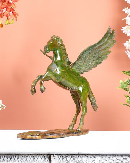 Brass Uchchaihshravas Horse Statue – Candy Green Tone Celestial Pegasus Inspired Sculpture (16.5 Inches) - Budhshiv.com