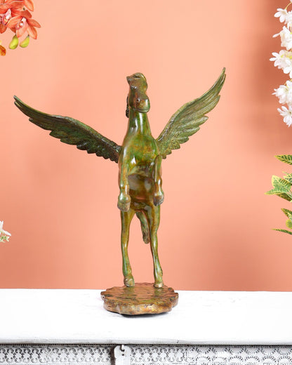 Brass Uchchaihshravas Horse Statue – Candy Green Tone Celestial Pegasus Inspired Sculpture (16.5 Inches) - Budhshiv.com