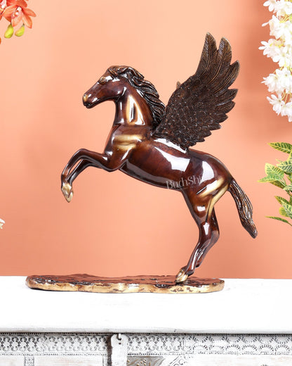 Brass Uchchaihshravas Horse Statue – Caramel Tone Celestial Pegasus Inspired Sculpture (16.5 Inches) - Budhshiv.com