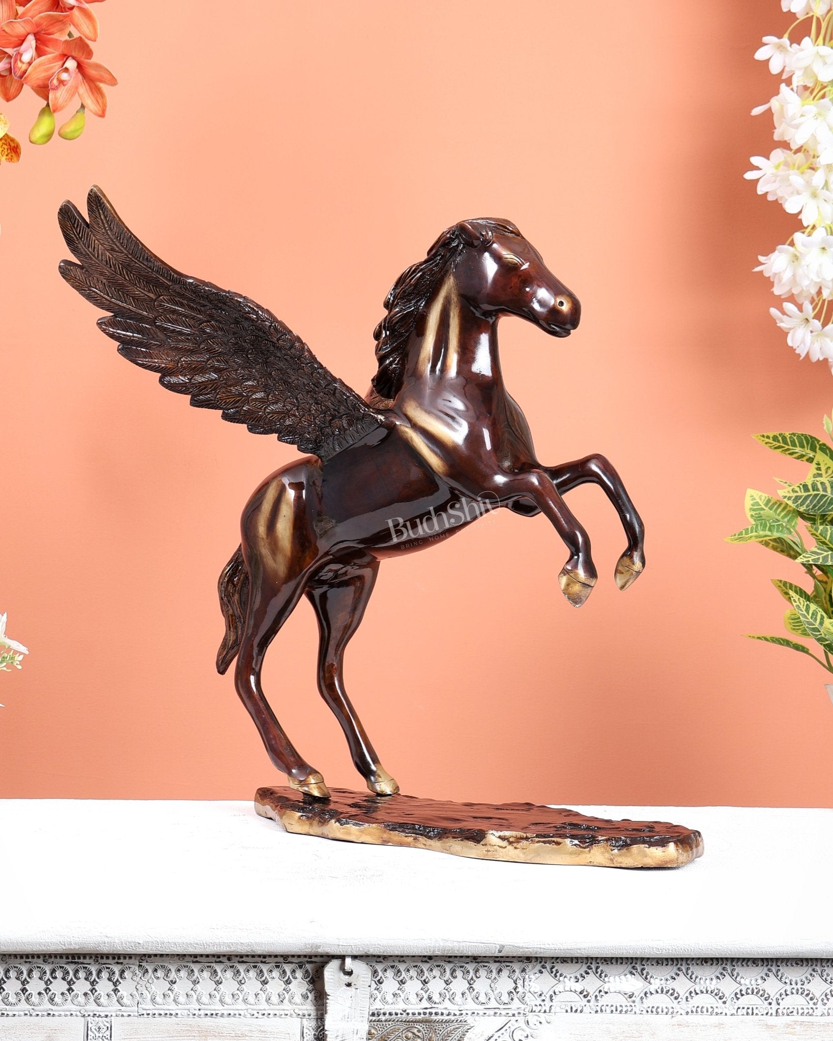 Brass Uchchaihshravas Horse Statue – Caramel Tone Celestial Pegasus Inspired Sculpture (16.5 Inches) - Budhshiv.com