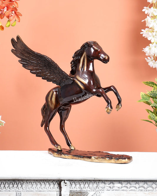 Brass Uchchaihshravas Horse Statue – Caramel Tone Celestial Pegasus Inspired Sculpture (16.5 Inches) - Budhshiv.com