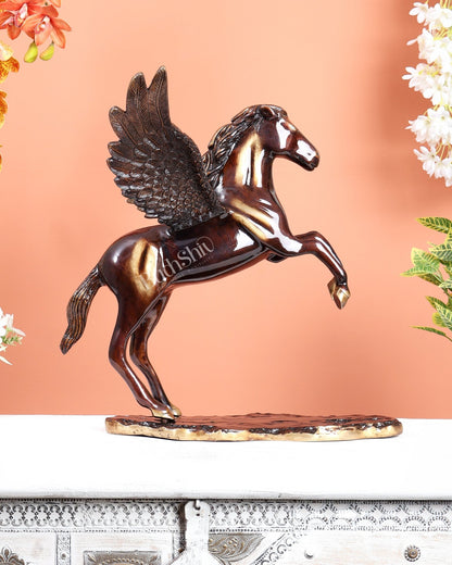 Brass Uchchaihshravas Horse Statue – Caramel Tone Celestial Pegasus Inspired Sculpture (16.5 Inches) - Budhshiv.com