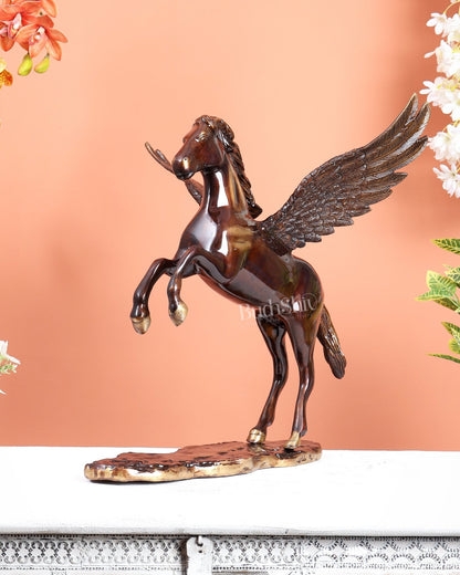 Brass Uchchaihshravas Horse Statue – Caramel Tone Celestial Pegasus Inspired Sculpture (16.5 Inches) - Budhshiv.com