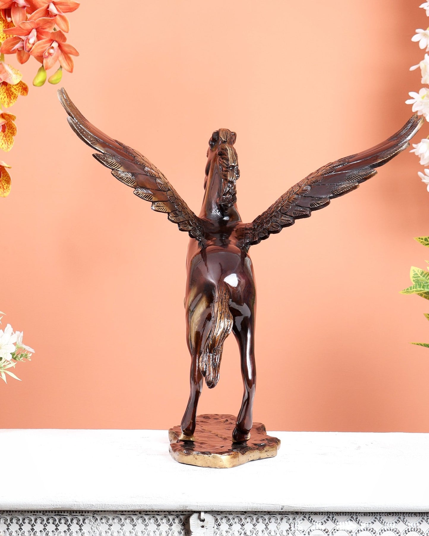 Brass Uchchaihshravas Horse Statue – Caramel Tone Celestial Pegasus Inspired Sculpture (16.5 Inches) - Budhshiv.com