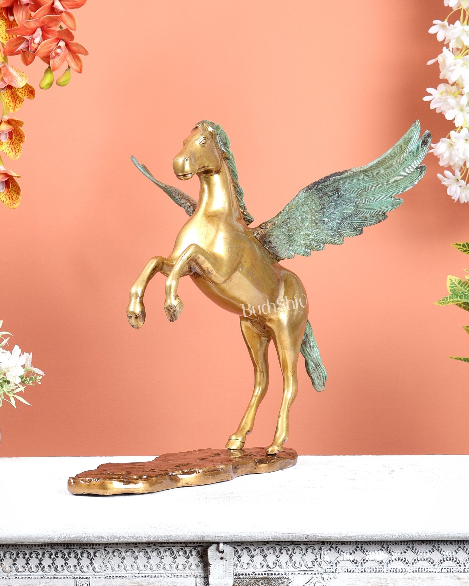 Brass Uchchaihshravas Horse Statue – Dual Tone Green Patina & Matte Gold Finish (16.5 Inches) - Budhshiv.com