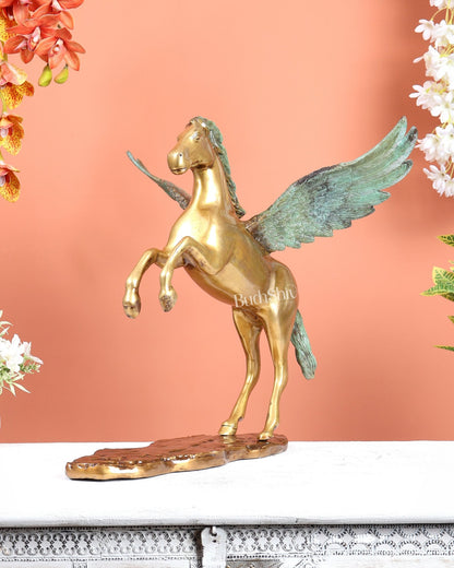 Brass Uchchaihshravas Horse Statue – Dual Tone Green Patina & Matte Gold Finish (16.5 Inches) - Budhshiv.com