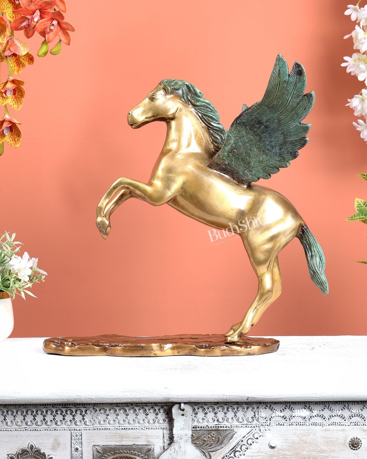 Brass Uchchaihshravas Horse Statue – Dual Tone Green Patina & Matte Gold Finish (16.5 Inches) - Budhshiv.com