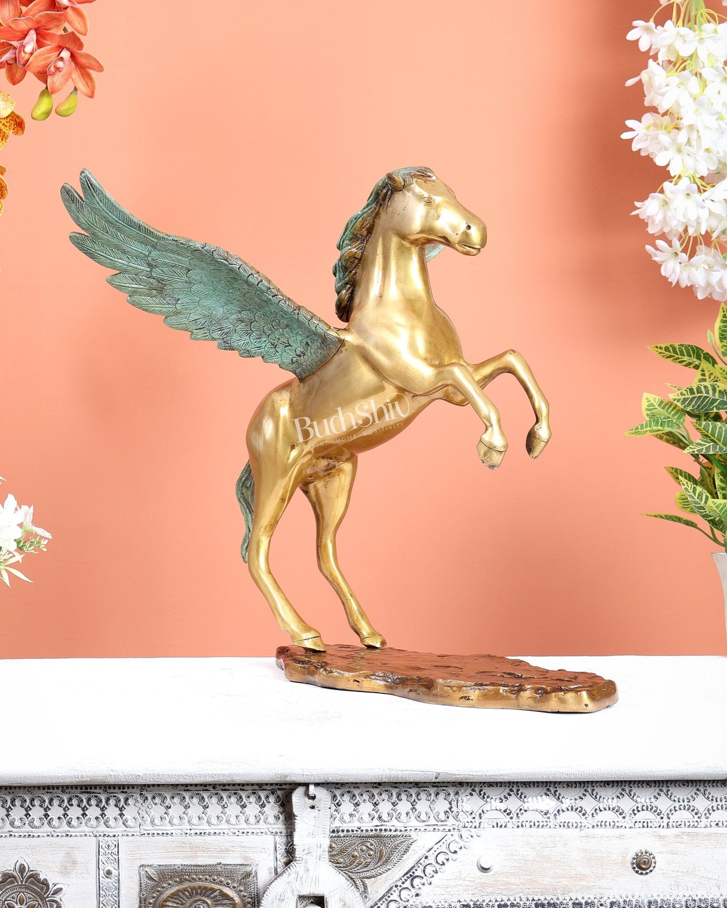 Brass Uchchaihshravas Horse Statue – Dual Tone Green Patina & Matte Gold Finish (16.5 Inches) - Budhshiv.com