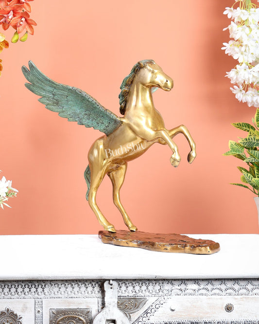 Brass Uchchaihshravas Horse Statue – Dual Tone Green Patina & Matte Gold Finish (16.5 Inches) - Budhshiv.com