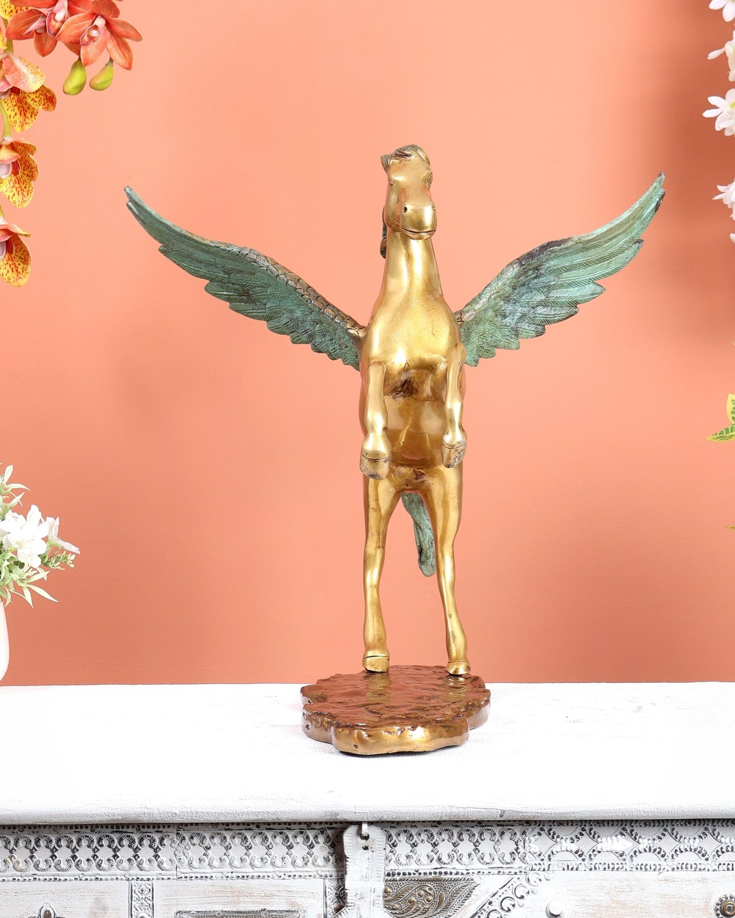 Brass Uchchaihshravas Horse Statue – Dual Tone Green Patina & Matte Gold Finish (16.5 Inches) - Budhshiv.com