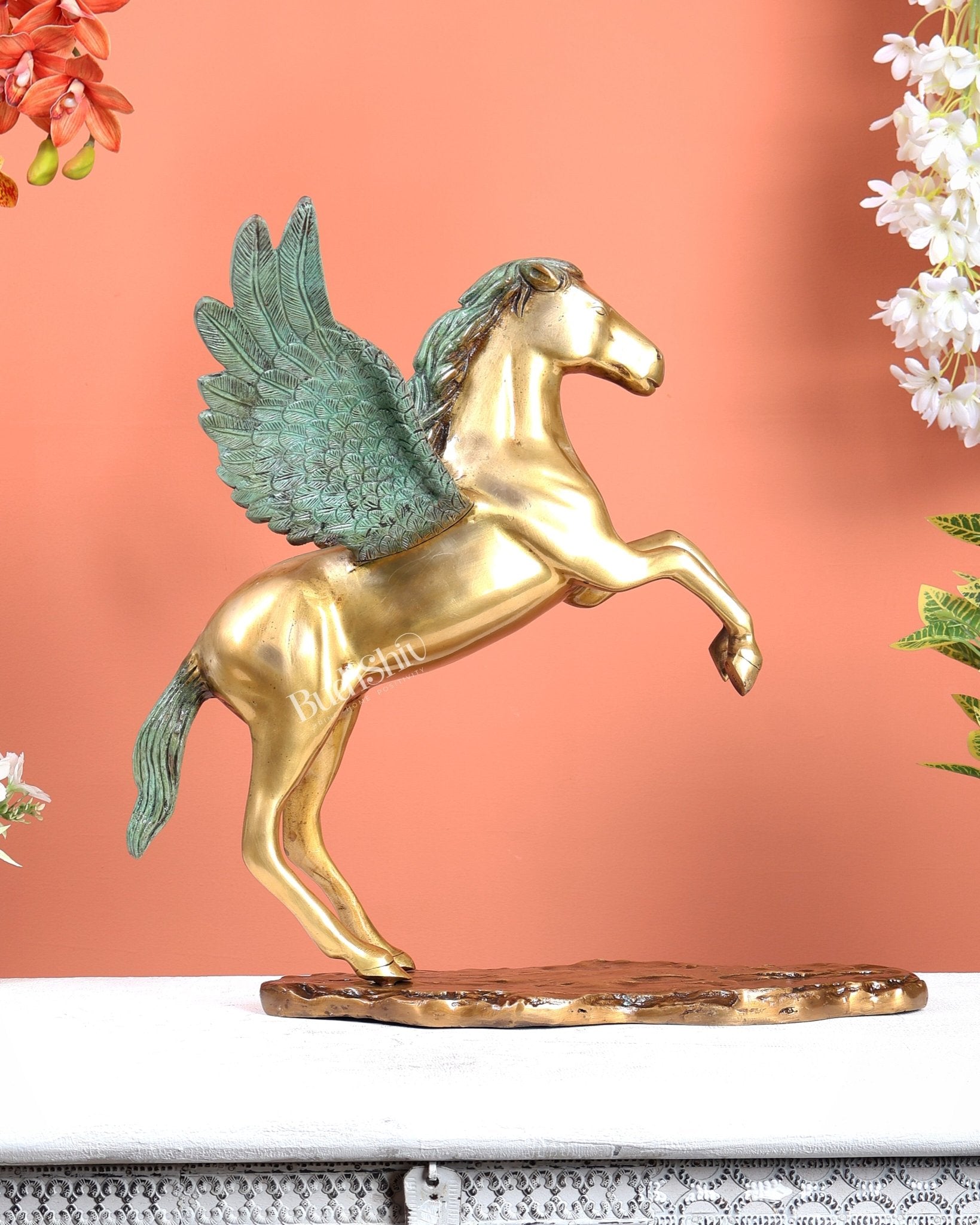 Brass Uchchaihshravas Horse Statue – Dual Tone Green Patina & Matte Gold Finish (16.5 Inches) - Budhshiv.com