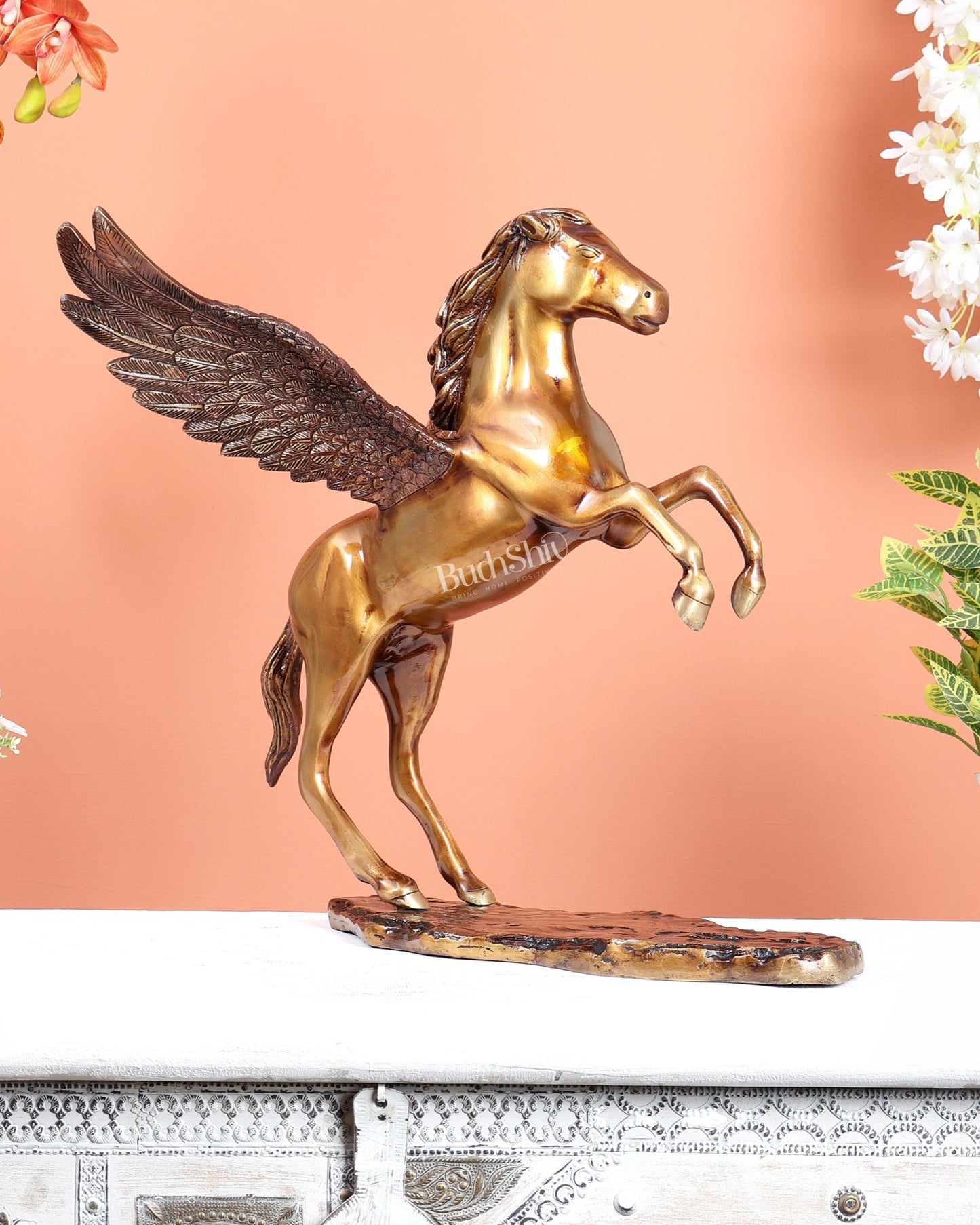 Brass Uchchaihshravas Horse Statue – Dual Tone Veneer Brown & Matte Brass Gold Finish (16.5 Inches) - Budhshiv.com