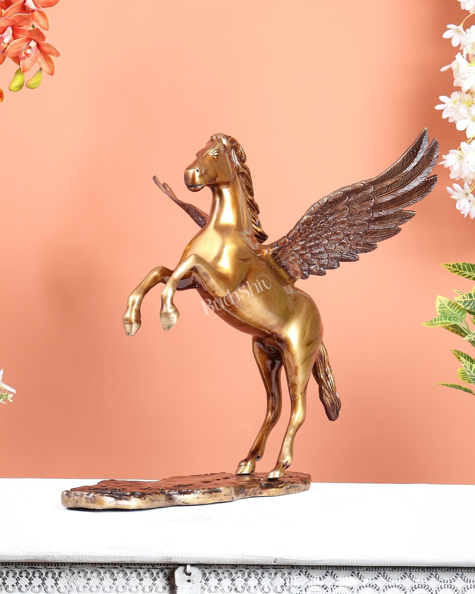 Brass Uchchaihshravas Horse Statue – Dual Tone Veneer Brown & Matte Brass Gold Finish (16.5 Inches) - Budhshiv.com