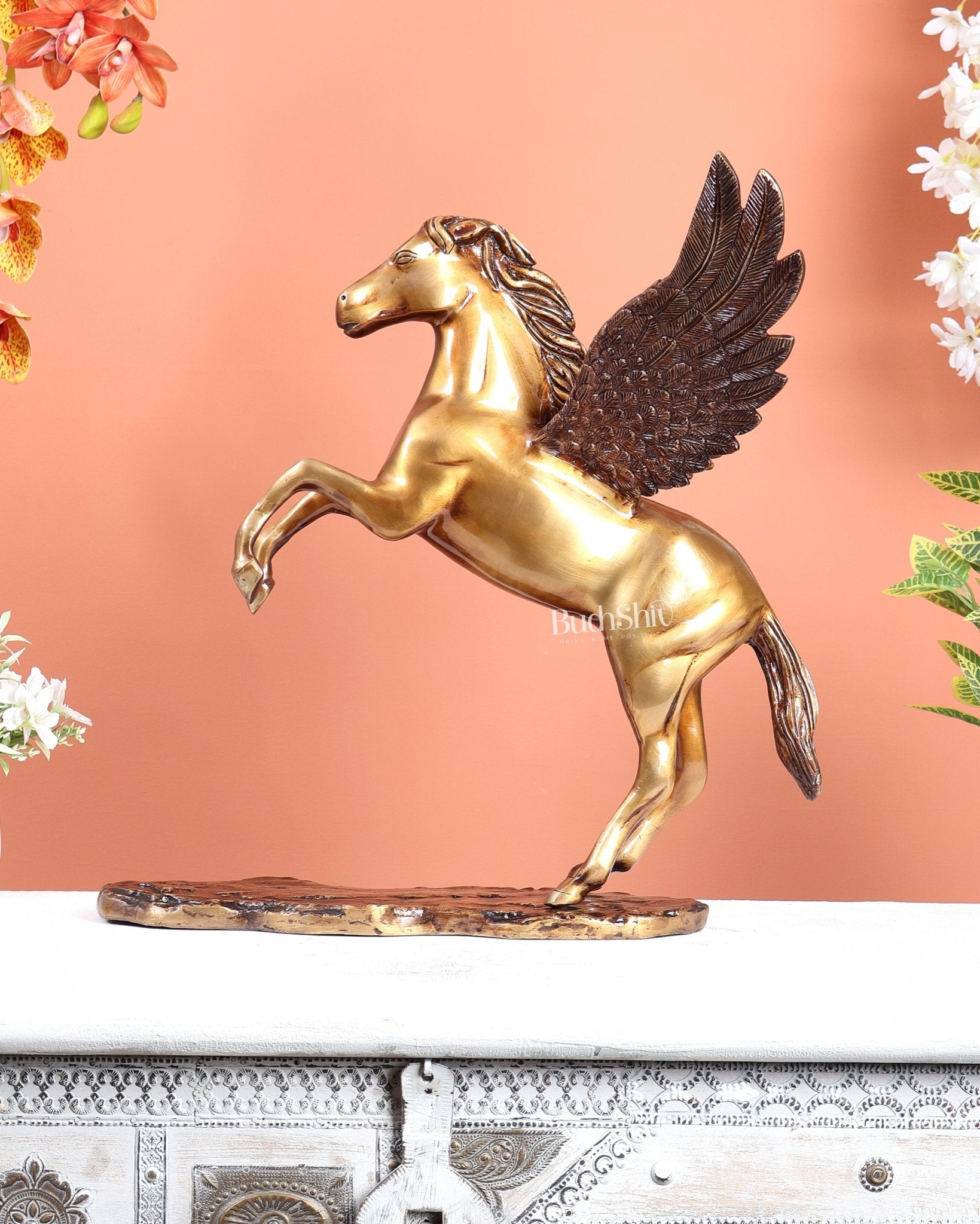 Brass Uchchaihshravas Horse Statue – Dual Tone Veneer Brown & Matte Brass Gold Finish (16.5 Inches) - Budhshiv.com