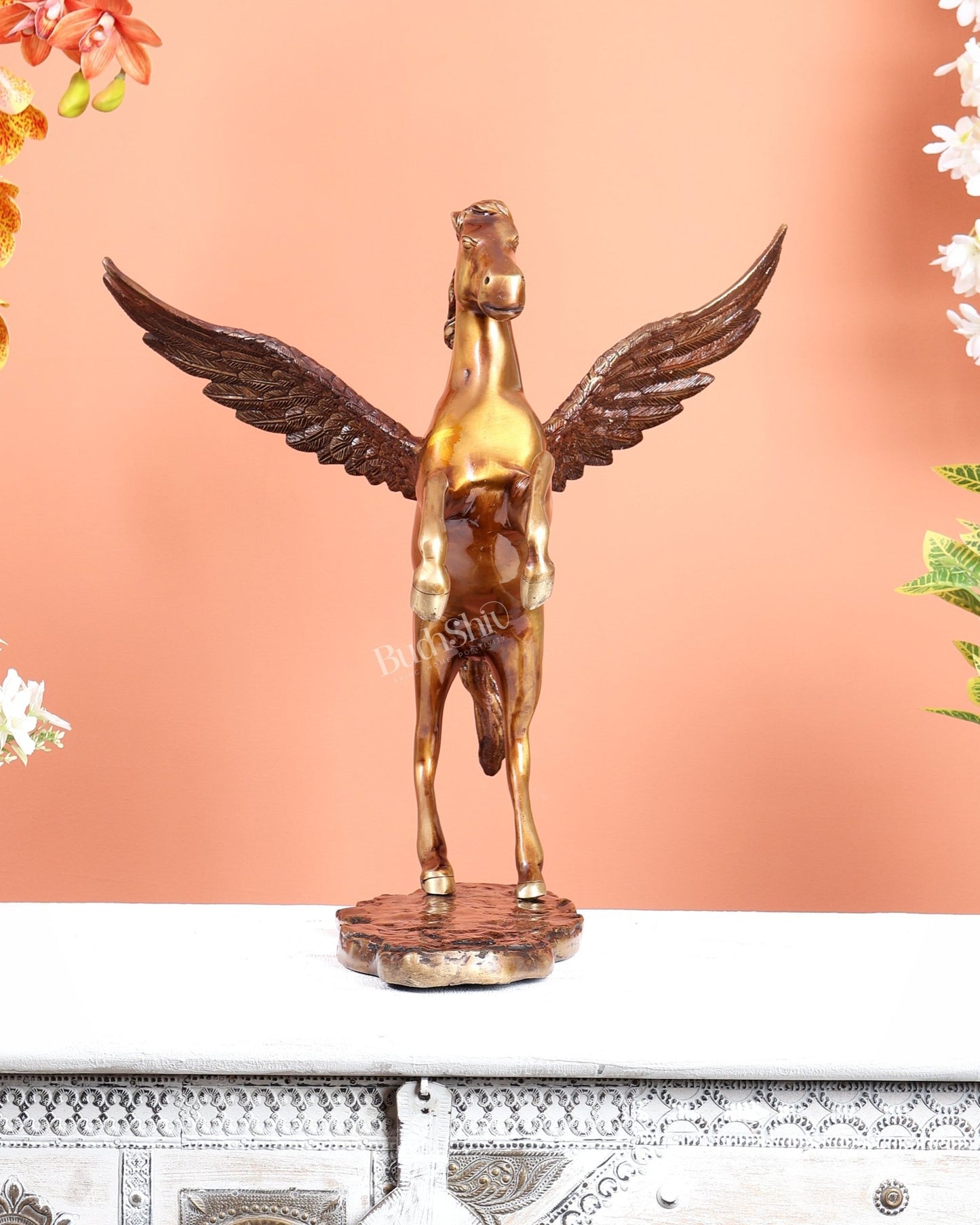 Brass Uchchaihshravas Horse Statue – Dual Tone Veneer Brown & Matte Brass Gold Finish (16.5 Inches) - Budhshiv.com