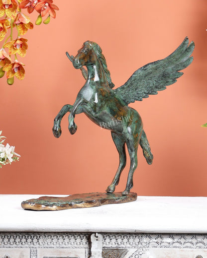 Brass Uchchaihshravas Horse Statue – Mottled Deep Celestial Green 16.5" - Budhshiv.com