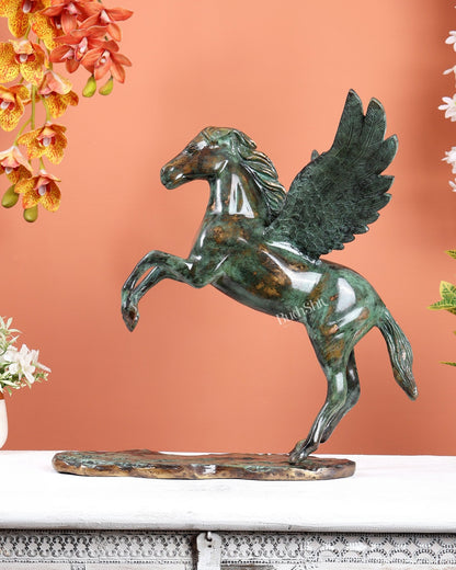 Brass Uchchaihshravas Horse Statue – Mottled Deep Celestial Green 16.5" - Budhshiv.com
