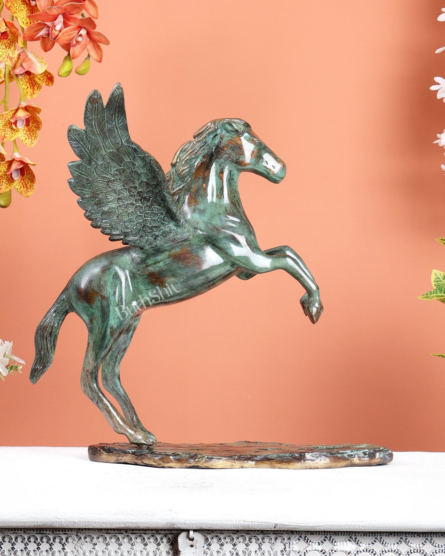 Brass Uchchaihshravas Horse Statue – Mottled Deep Celestial Green 16.5" - Budhshiv.com
